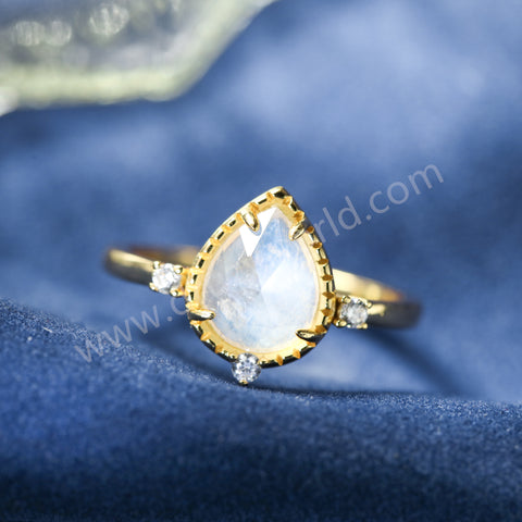 Gold Claw Teardrop Moonstone Gemstone Band Ring, 925 Sterling Silver CZ Women's Ring Jewelry SS373-1