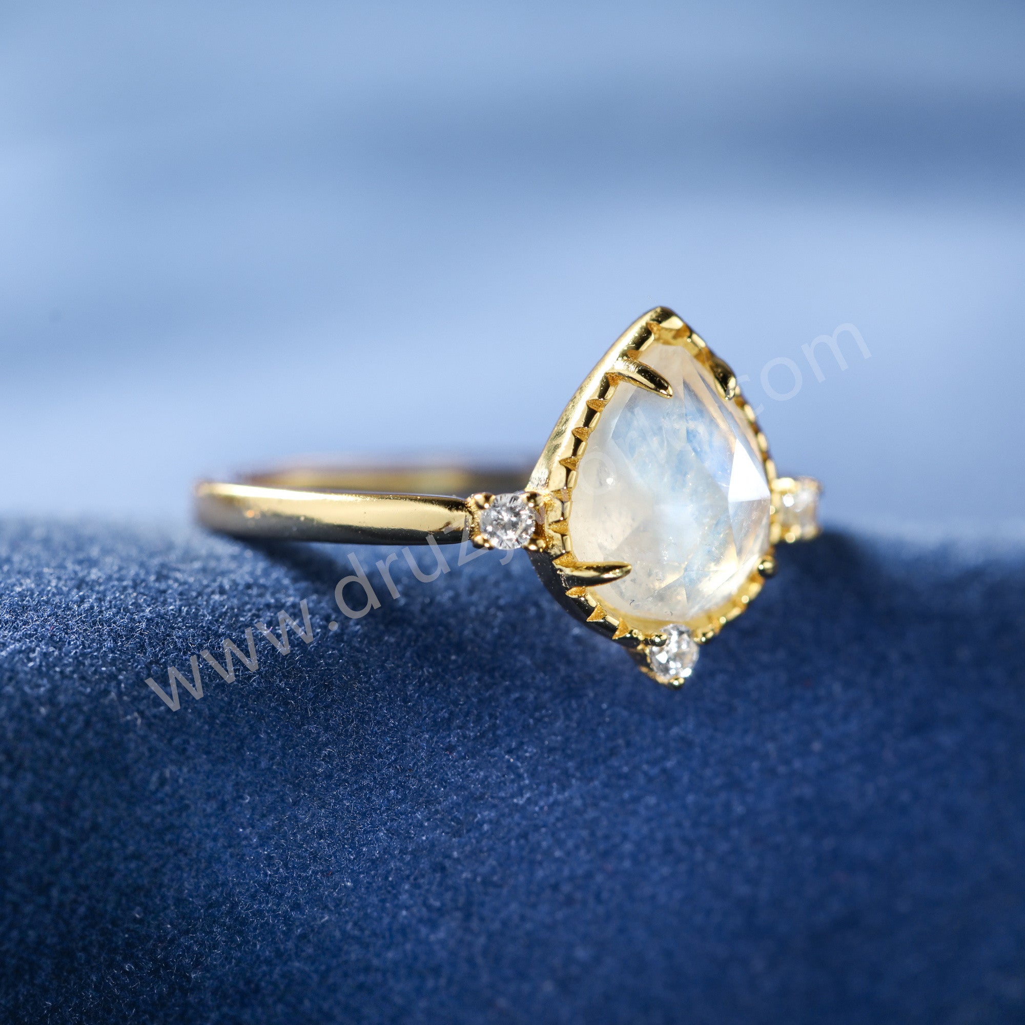 Gold Claw Teardrop Moonstone Gemstone Band Ring, 925 Sterling Silver CZ Women's Ring Jewelry SS373-1