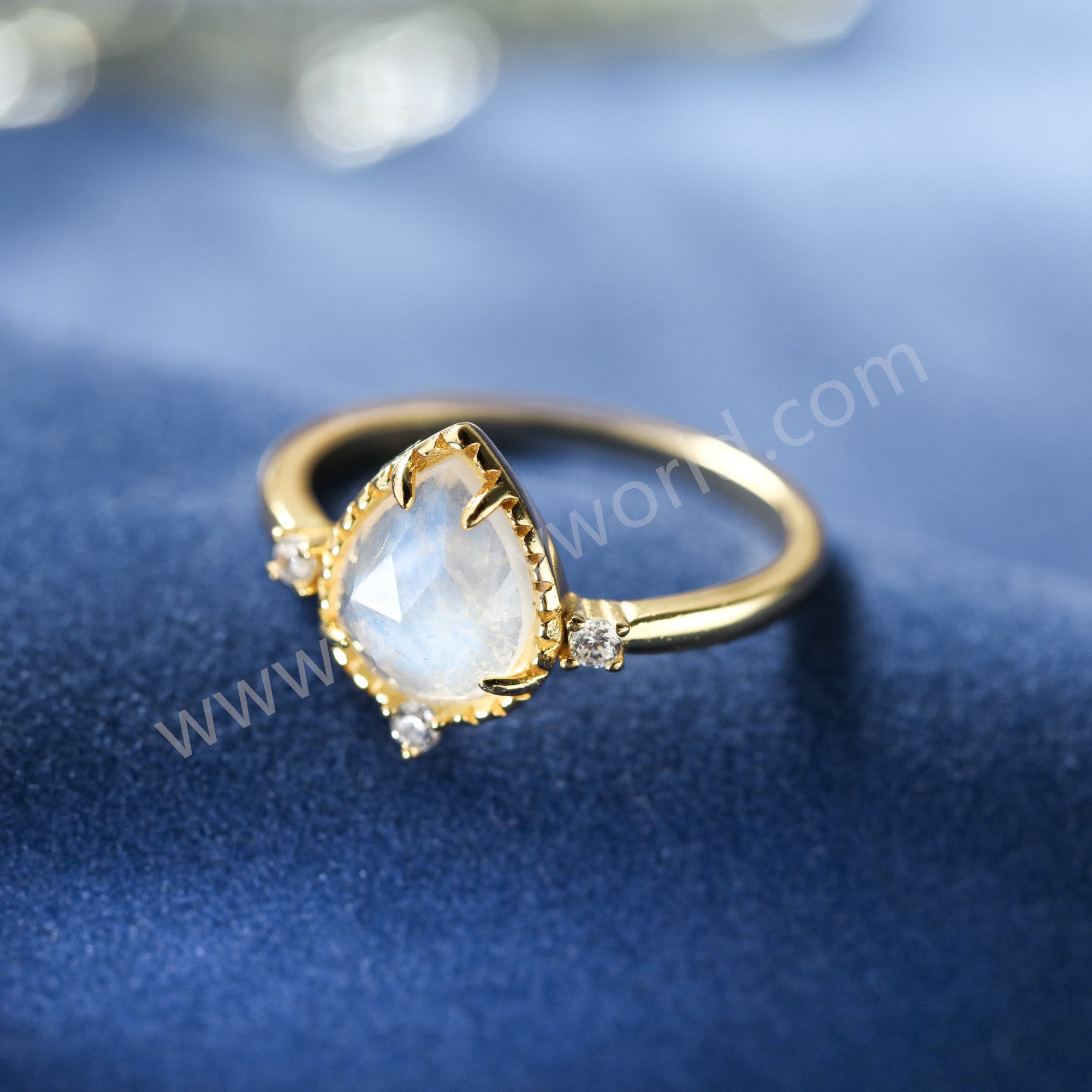 Gold Claw Teardrop Moonstone Gemstone Band Ring, 925 Sterling Silver CZ Women's Ring Jewelry SS373-1