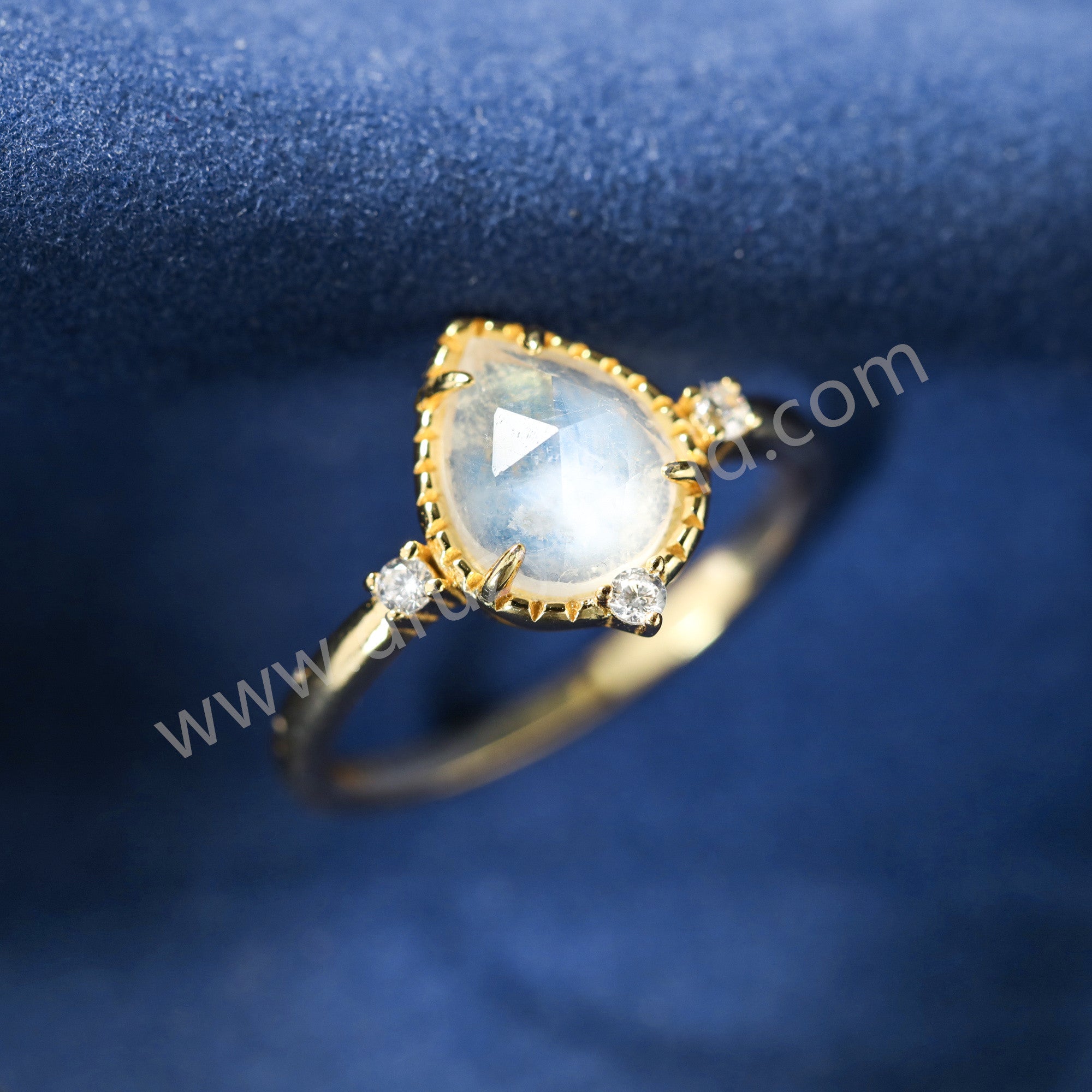 Gold Claw Teardrop Moonstone Gemstone Band Ring, 925 Sterling Silver CZ Women's Ring Jewelry SS373-1