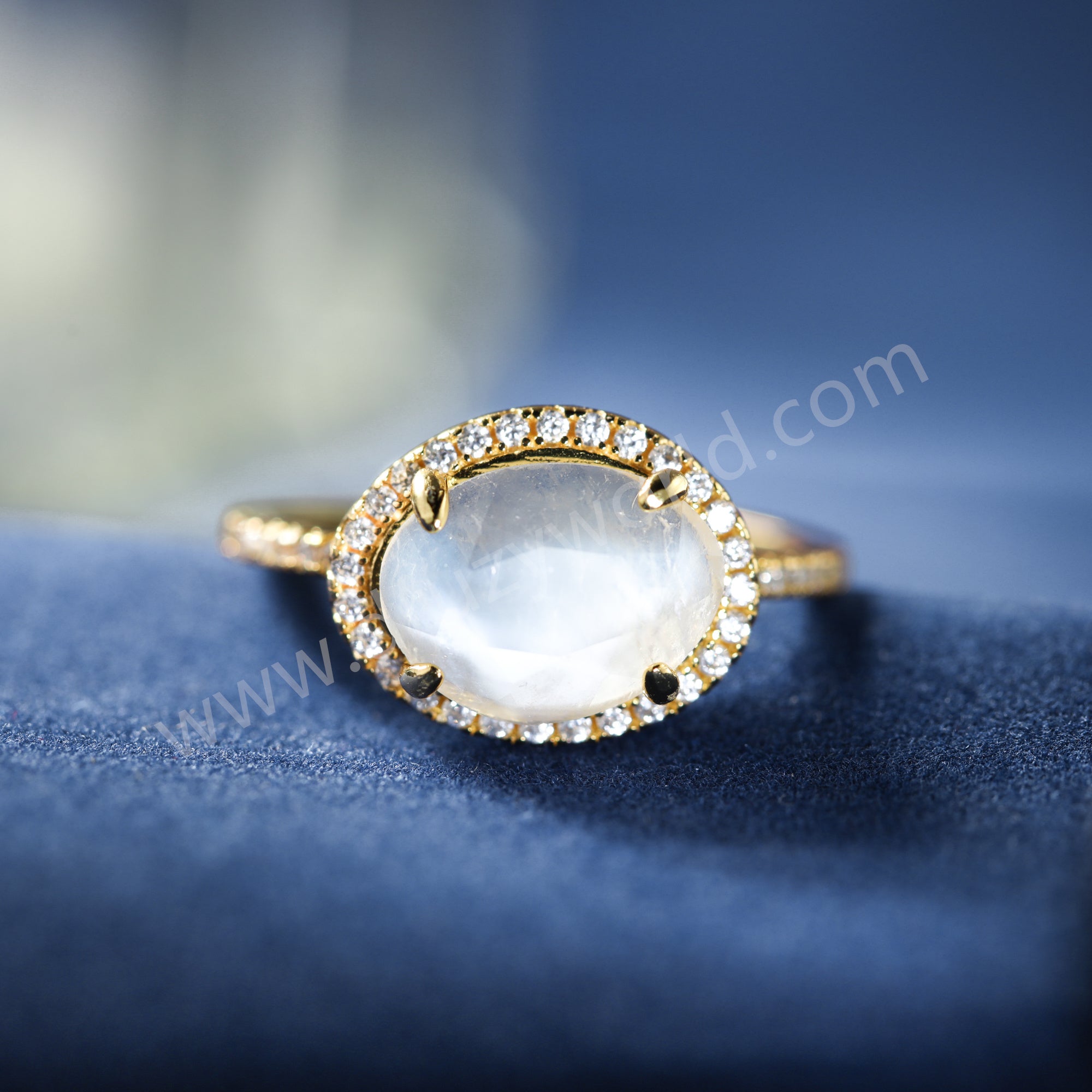 Gold Claw Egg Shape Moonstone Crystal Band Ring, 925 Sterling Silver CZ Micro Pave Women's Ring Jewelry SS374-1