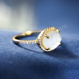 Gold Claw Egg Shape Moonstone Crystal Band Ring, 925 Sterling Silver CZ Micro Pave Women's Ring Jewelry SS374-1