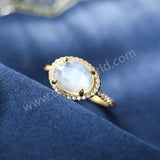 Gold Claw Egg Shape Moonstone Crystal Band Ring, 925 Sterling Silver CZ Micro Pave Women's Ring Jewelry SS374-1