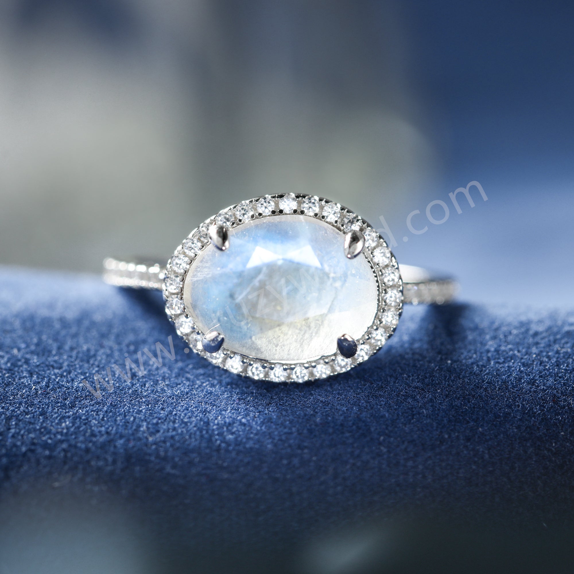 925 Sterling Silver Claw Egg Shape Moonstone Crystal Band Ring, CZ Micro Pave Women's Ring SS374-2