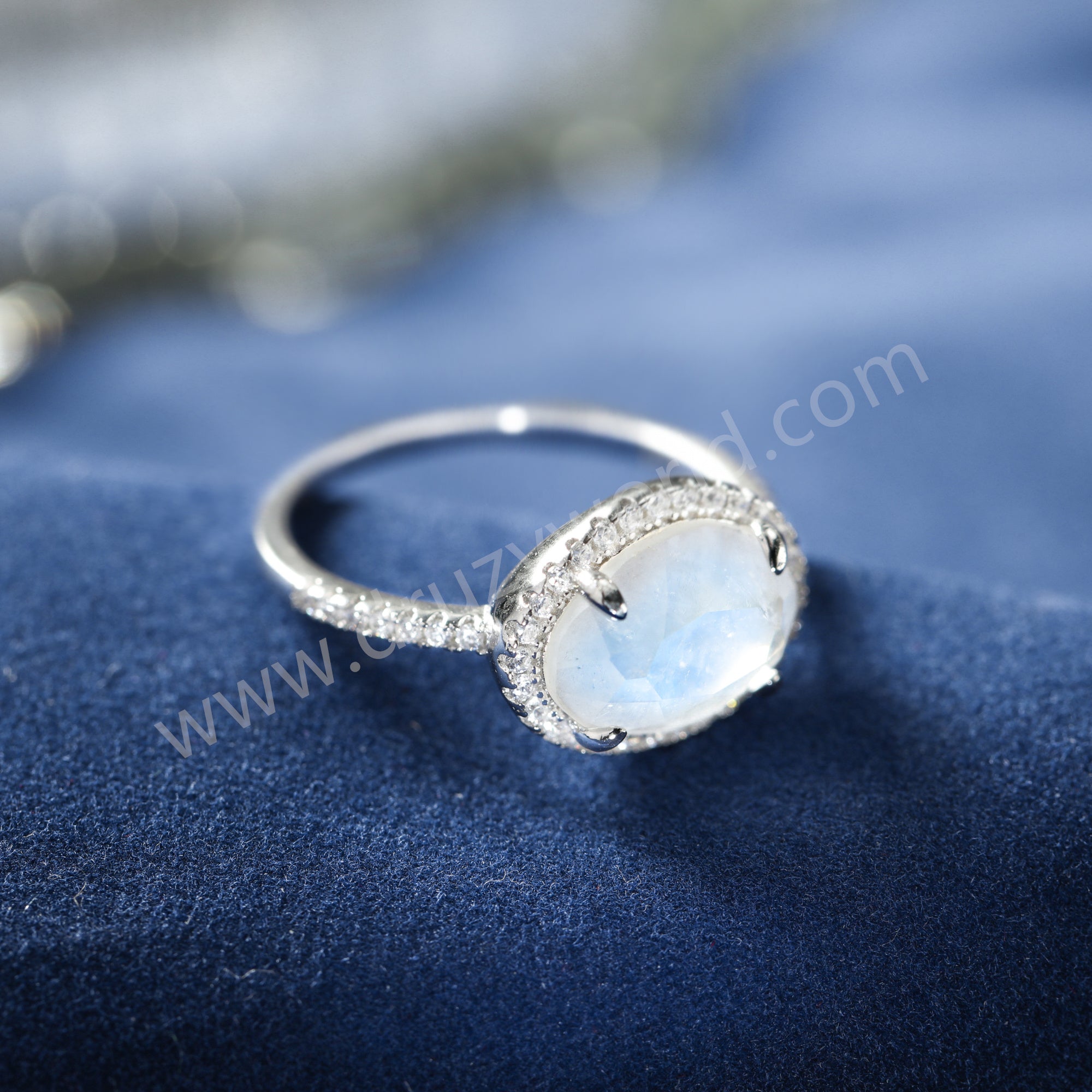 925 Sterling Silver Claw Egg Shape Moonstone Crystal Band Ring, CZ Micro Pave Women's Ring SS374-2