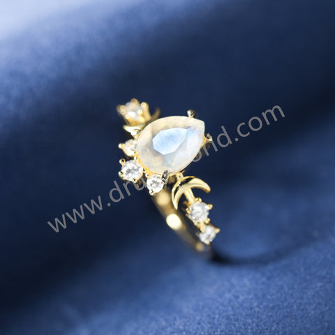 Dainty Gold Drop Moonstone Crystal Band Ring CZ Moon Ring, 925 Sterling Silver Women's Ring Jewelry SS375-1