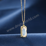 16" Rectangle Gold Claw Moonstone Pendant Necklace, 925 Stering Silver Chain Natural Crystal Jewelry Necklace SS376-1