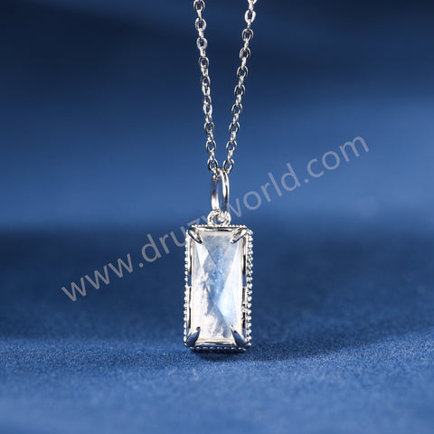 16" Rectangle 925 Stering Silver Claw Moonstone Pendant Necklace, Natural Crystal Jewelry Necklace SS376-2