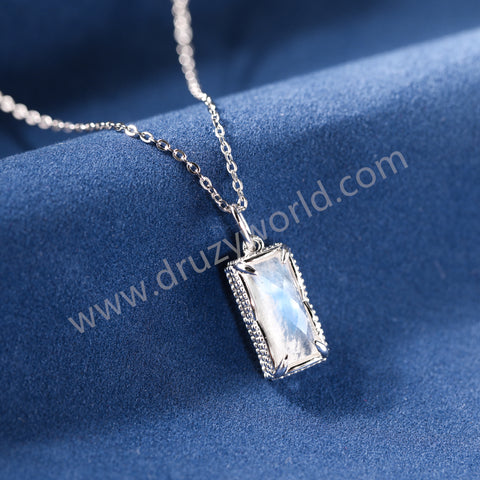 16" Rectangle 925 Stering Silver Claw Moonstone Pendant Necklace, Natural Crystal Jewelry Necklace SS376-2