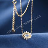 16" Natural Moonstone Evil Eye Gold Necklace, CZ Micro Pave, 925 Sterling Silver Chain Jewelry Necklace SS377-1