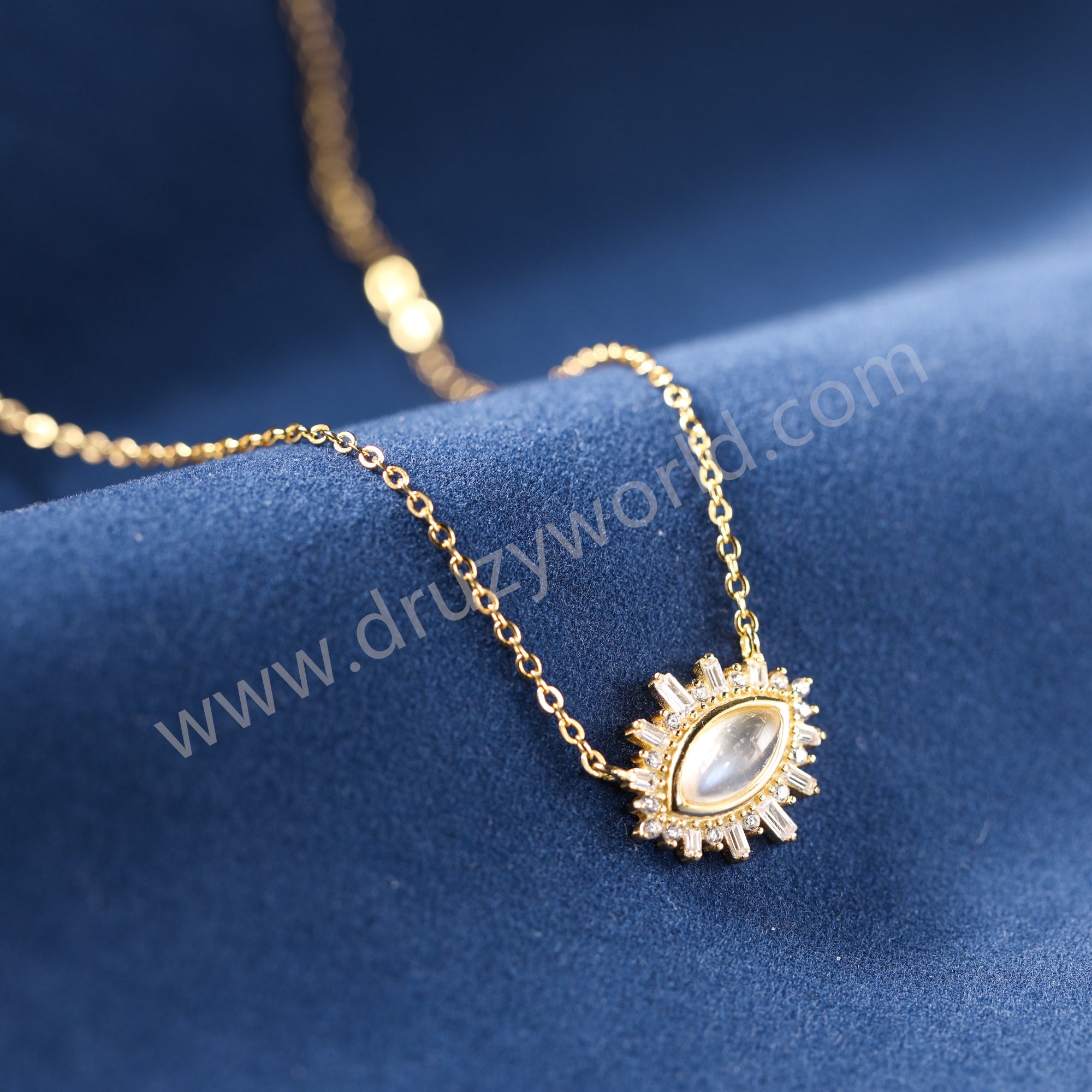 16" Natural Moonstone Evil Eye Gold Necklace, CZ Micro Pave, 925 Sterling Silver Chain Jewelry Necklace SS377-1