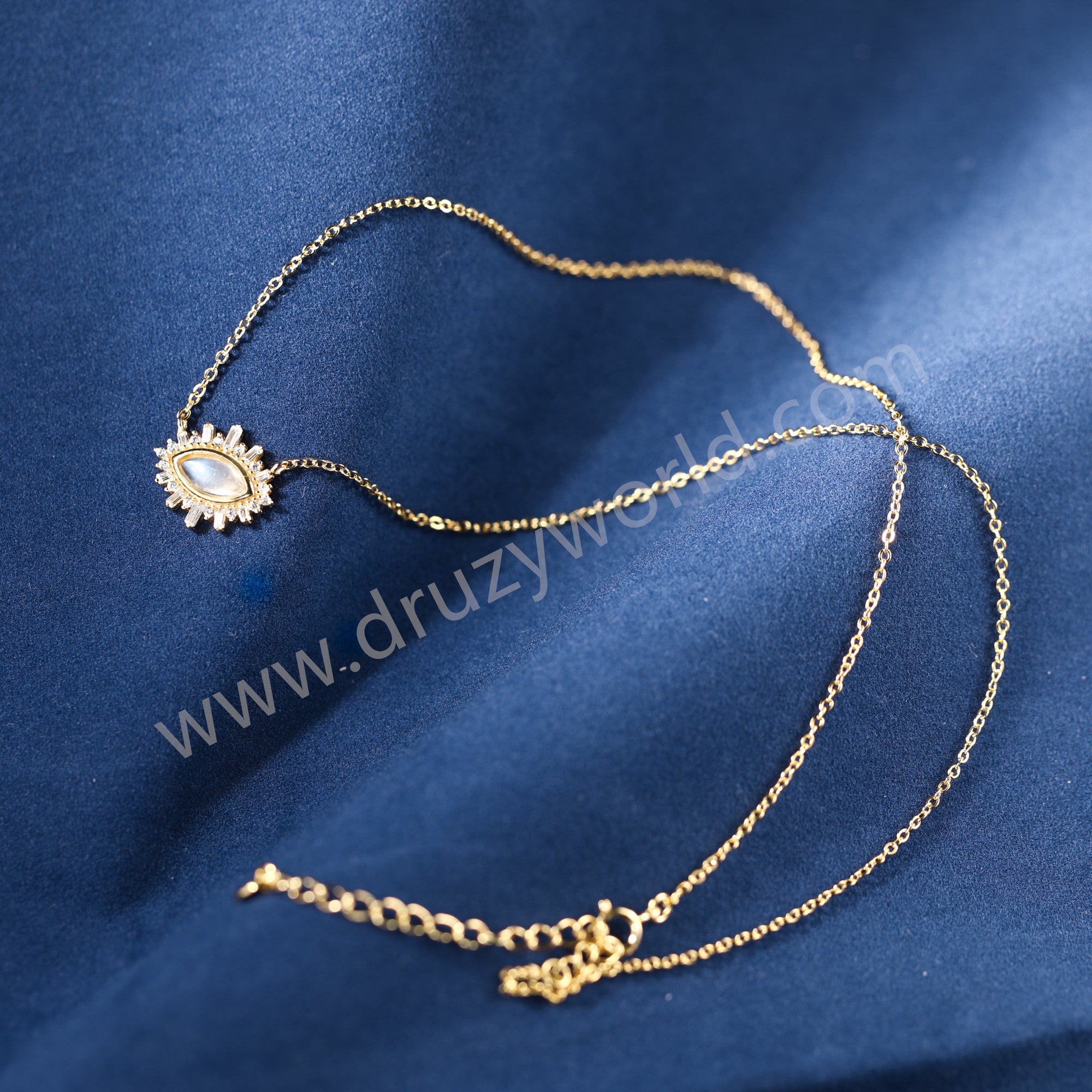 16" Natural Moonstone Evil Eye Gold Necklace, CZ Micro Pave, 925 Sterling Silver Chain Jewelry Necklace SS377-1