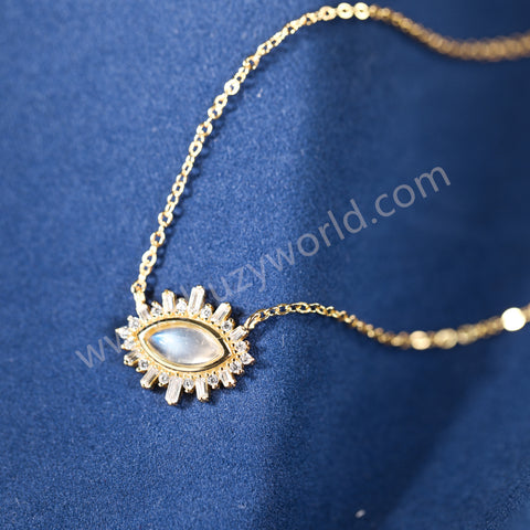 16" Natural Moonstone Evil Eye Gold Necklace, CZ Micro Pave, 925 Sterling Silver Chain Jewelry Necklace SS377-1