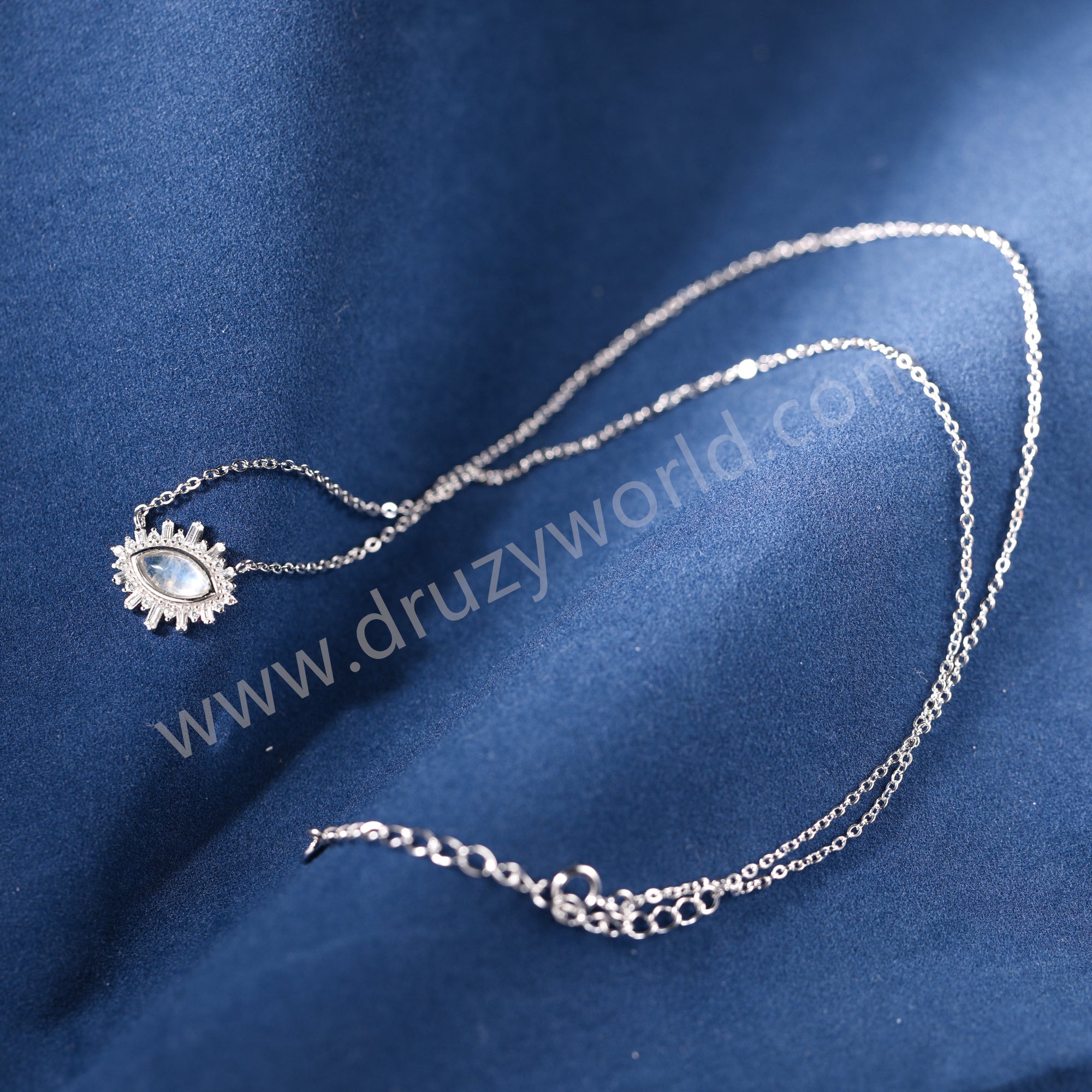 16" 925 Sterling Silver Natural Moonstone Evil Eye Necklace Zircon Necklace, Marquise Crystal Jewelry Necklace SS377-2