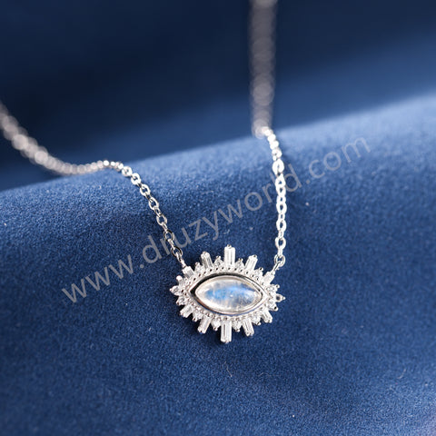 16" 925 Sterling Silver Natural Moonstone Evil Eye Necklace Zircon Necklace, Marquise Crystal Jewelry Necklace SS377-2