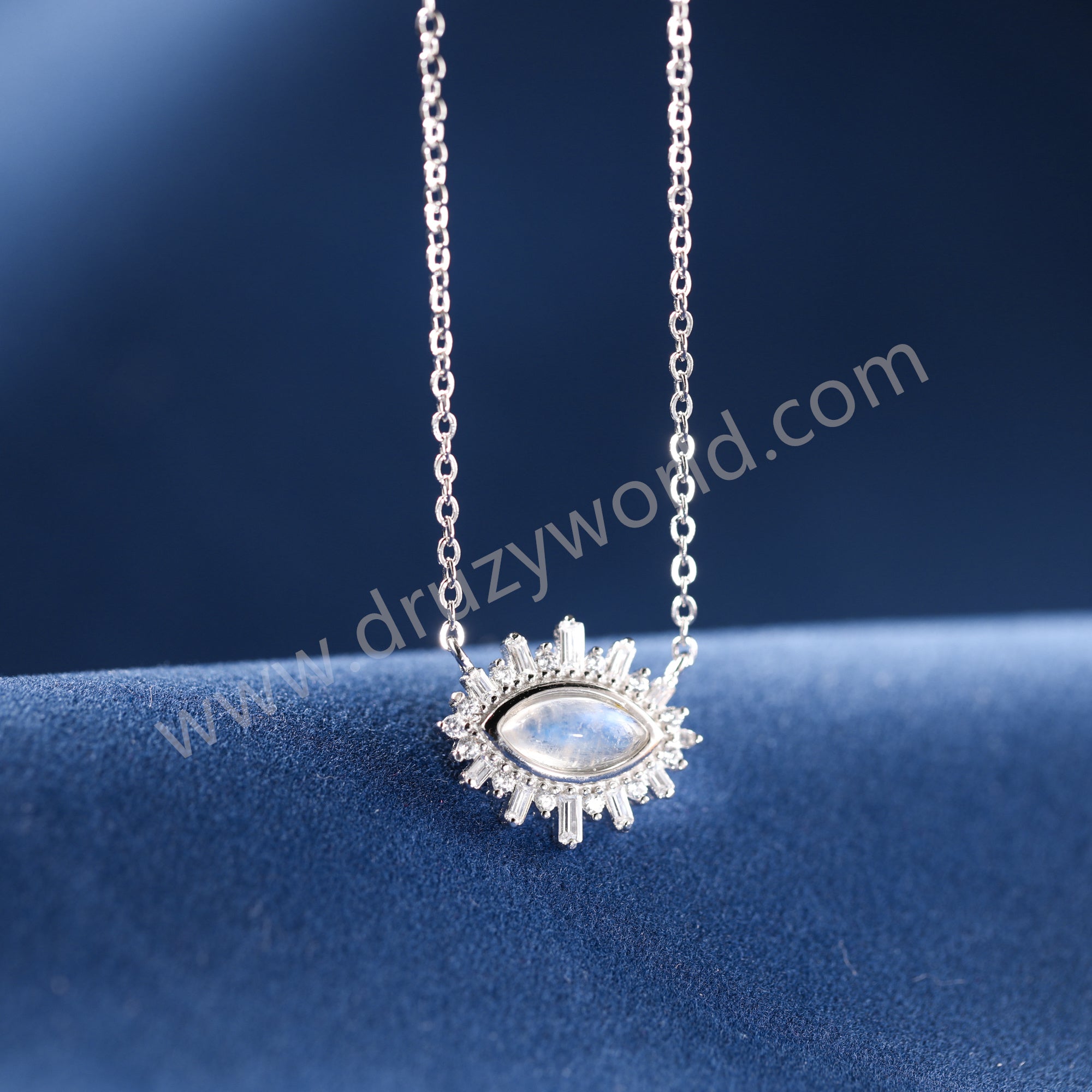 16" 925 Sterling Silver Natural Moonstone Evil Eye Necklace Zircon Necklace, Marquise Crystal Jewelry Necklace SS377-2