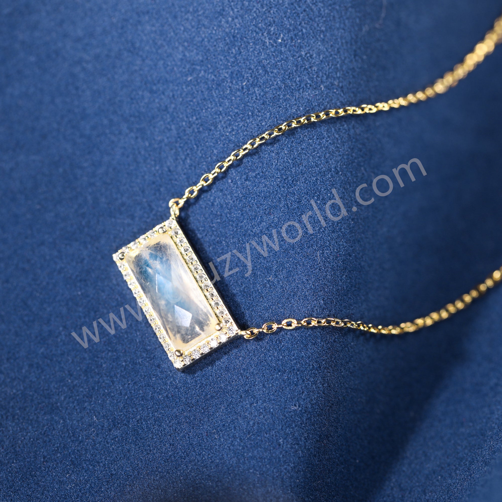 16" Dainty CZ Rectangle Natural Moonstone Gold Chain Necklace, 925 Sterling Silver Jewelry SS378-1