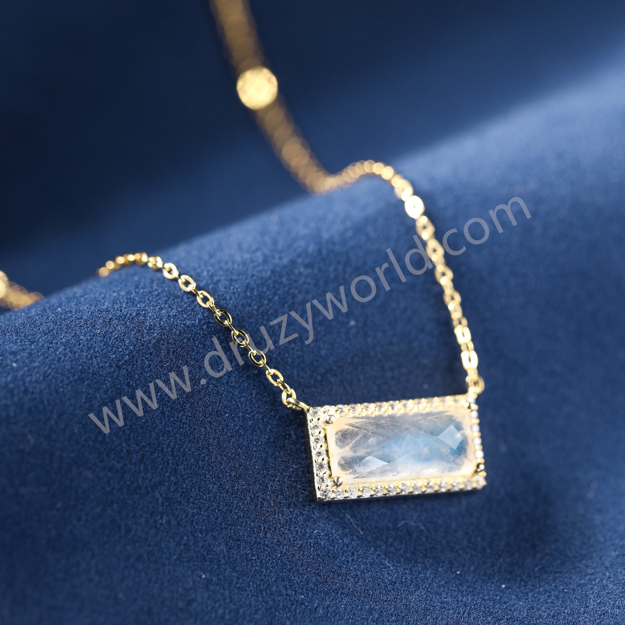 16" Dainty CZ Rectangle Natural Moonstone Gold Chain Necklace, 925 Sterling Silver Jewelry SS378-1