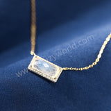 16" Dainty CZ Rectangle Natural Moonstone Gold Chain Necklace, 925 Sterling Silver Jewelry SS378-1