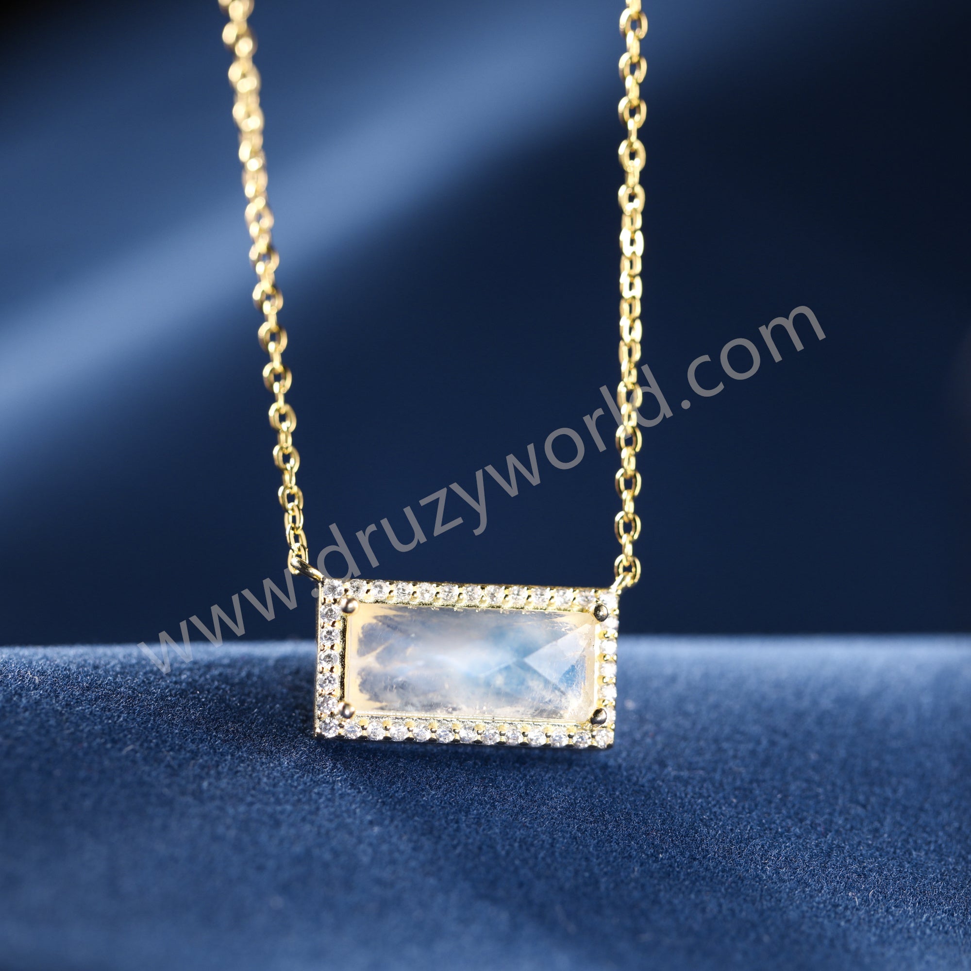 16" Dainty CZ Rectangle Natural Moonstone Gold Chain Necklace, 925 Sterling Silver Jewelry SS378-1