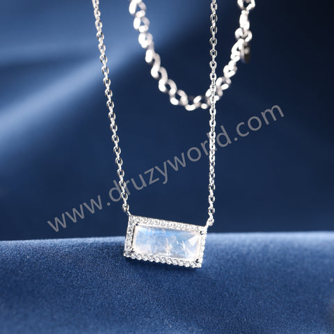 16" Dainty Rectangular Moonstone CZ Pave 925 Sterling Silver Gemstone Jewelry Necklace SS378-2