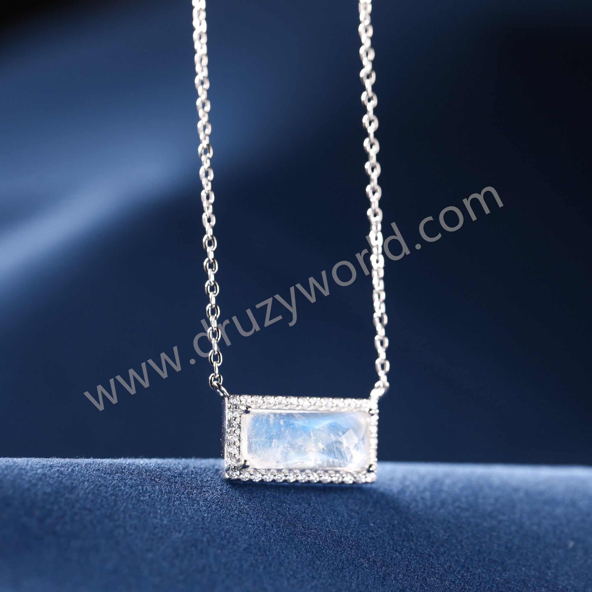 16" Dainty Rectangular Moonstone CZ Pave 925 Sterling Silver Gemstone Jewelry Necklace SS378-2