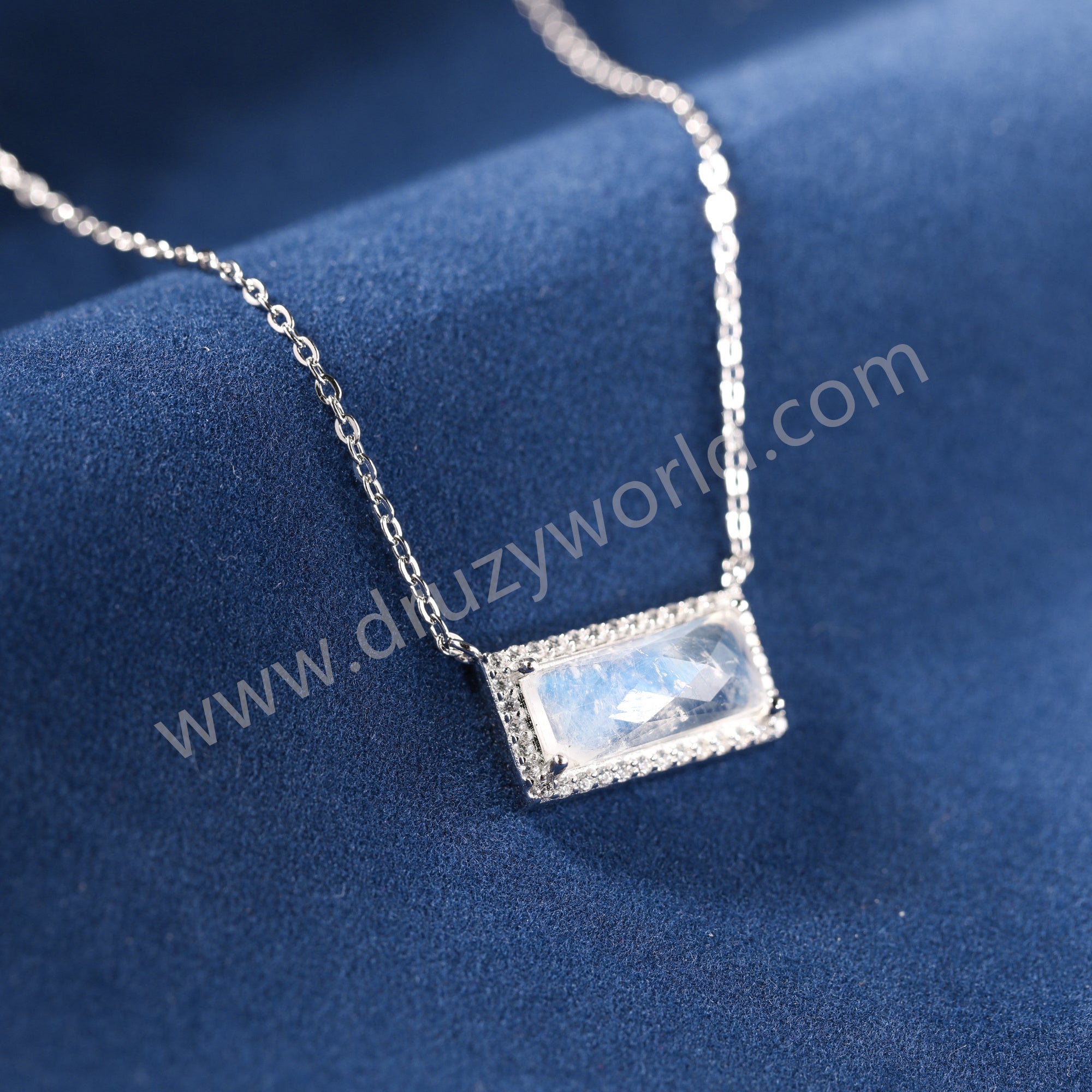 16" Dainty Rectangular Moonstone CZ Pave 925 Sterling Silver Gemstone Jewelry Necklace SS378-2