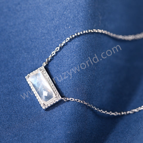 16" Dainty Rectangular Moonstone CZ Pave 925 Sterling Silver Gemstone Jewelry Necklace SS378-2