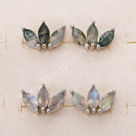 Three-Leaf Green Moss Agate Studs Labradorite Earrings, S925 Sterling Silver Jewelry Flower Studs SS400