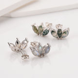 Three-Leaf Green Moss Agate Studs Labradorite Earrings, S925 Sterling Silver Jewelry Flower Studs SS400