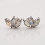 Three-Leaf Green Moss Agate Studs Labradorite Earrings, S925 Sterling Silver Jewelry Flower Studs SS400