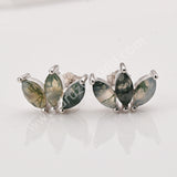 Three-Leaf Green Moss Agate Studs Labradorite Earrings, S925 Sterling Silver Jewelry Flower Studs SS400