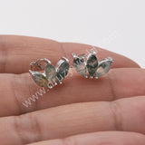 Three-Leaf Green Moss Agate Studs Labradorite Earrings, S925 Sterling Silver Jewelry Flower Studs SS400