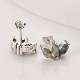 Three-Leaf Green Moss Agate Studs Labradorite Earrings, S925 Sterling Silver Jewelry Flower Studs SS400
