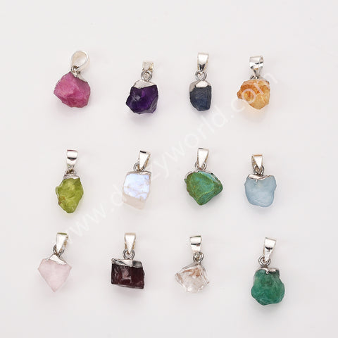 Silver Small Raw Multi Natural Stones Pendants, Birthstone Jewelry DIY Pendants SS403S