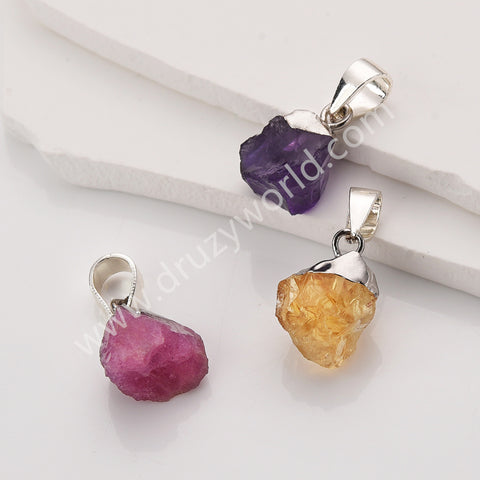 Silver Small Raw Multi Natural Stones Pendants, Birthstone Jewelry DIY Pendants SS403S