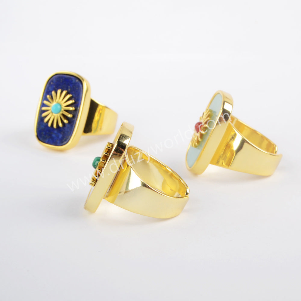 Gold Plated Bezel Natural Healing Stone Band Ring, Boho Gemstone Open Ring Jewelry WX1625