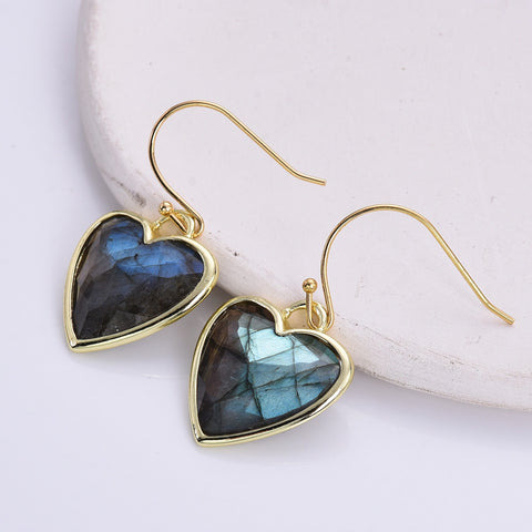 Gold Plated Heart Multi Natural Stones Earrings, Faceted Crystal Quartz Charm WX2179-E