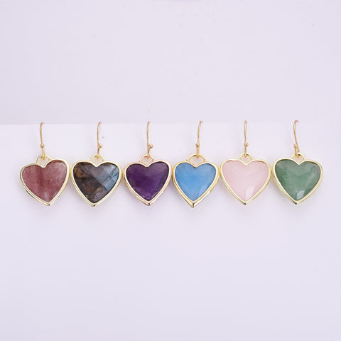 Gold Plated Heart Multi Natural Stones Earrings, Faceted Crystal Quartz Charm WX2179-E