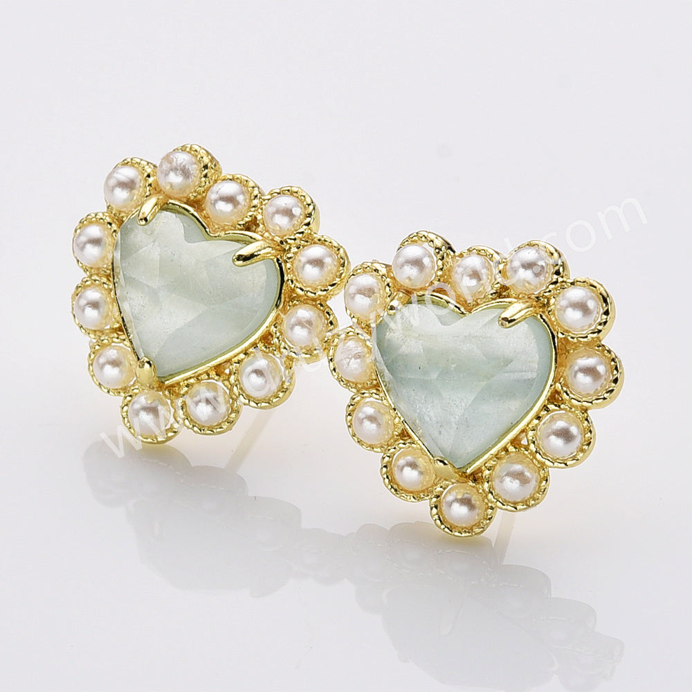 Gold Plated Claw Rainbow Natural Stones Pearl Heart Stud Earrings WX2240