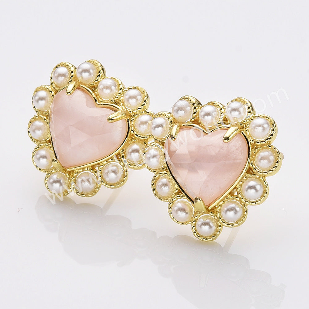 Gold Plated Claw Rainbow Natural Stones Pearl Heart Stud Earrings WX2240