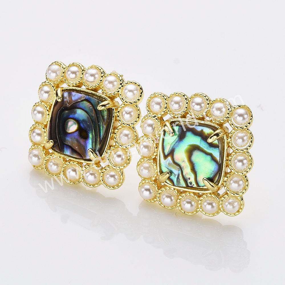 Gold Plated Claw Rainbow Natural Stones Faceted Pearl Square Stud Earrings WX2241