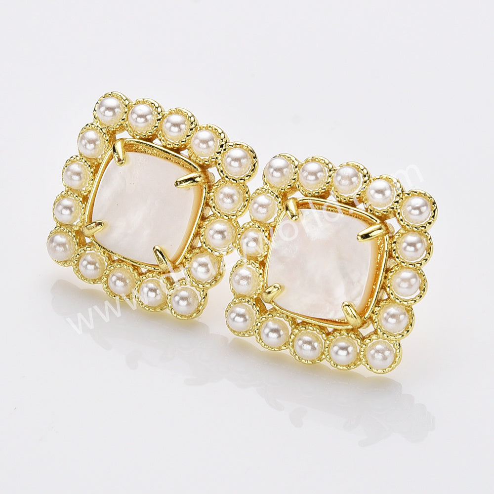 Gold Plated Claw Rainbow Natural Stones Faceted Pearl Square Stud Earrings WX2241