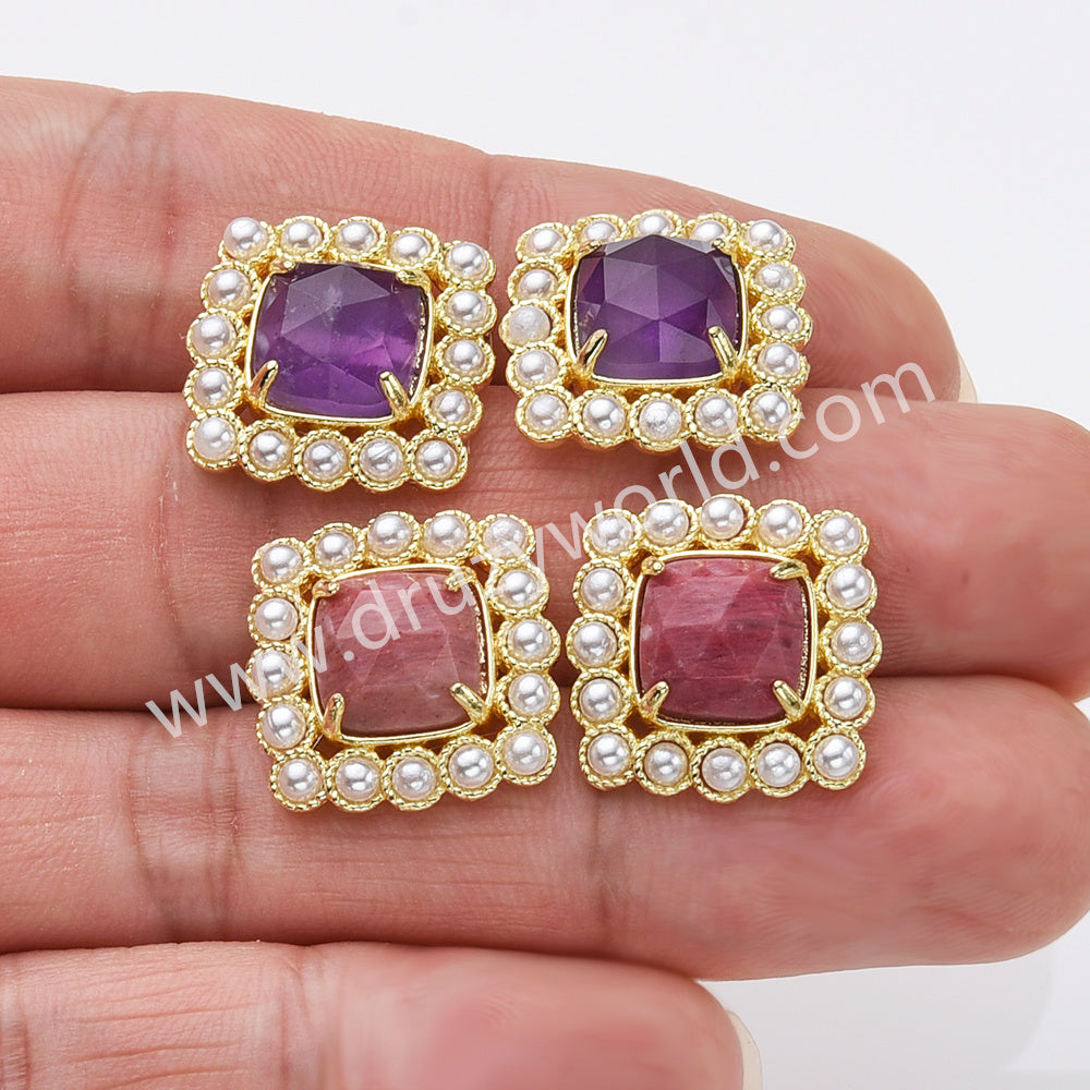 Gold Plated Claw Rainbow Natural Stones Pearl Square Stud Earrings WX2241