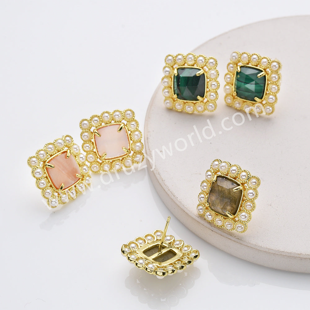 Gold Plated Claw Rainbow Natural Stones Pearl Square Stud Earrings WX2241
