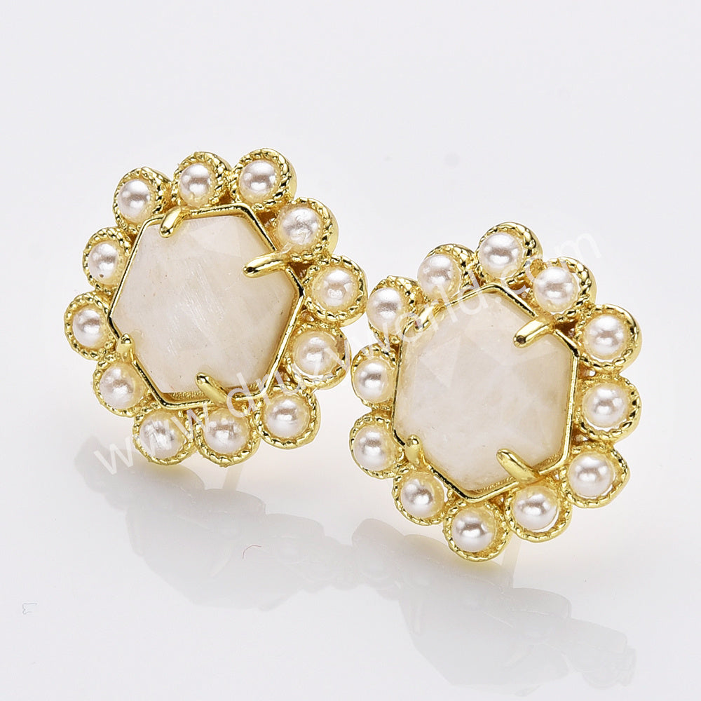 Gold Plated Claw Rainbow Natural Stones Faceted Pearl Hexagon Stud Earrings WX2242