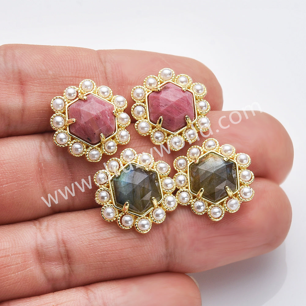 Gold Plated Claw Rainbow Natural Stones Faceted Pearl Hexagon Stud Earrings WX2242