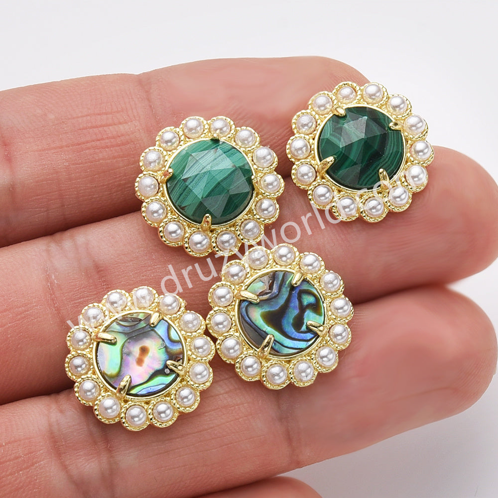 Gold Plated Claw Rainbow Natural Stones Faceted Pearl Round Stud Earrings WX2243