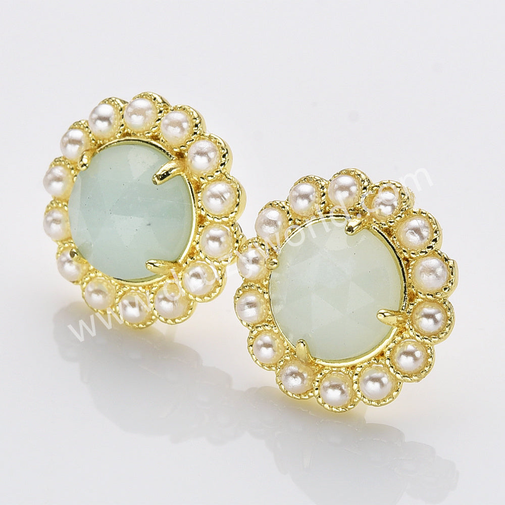 Gold Plated Claw Rainbow Natural Stones Faceted Pearl Round Stud Earrings WX2243