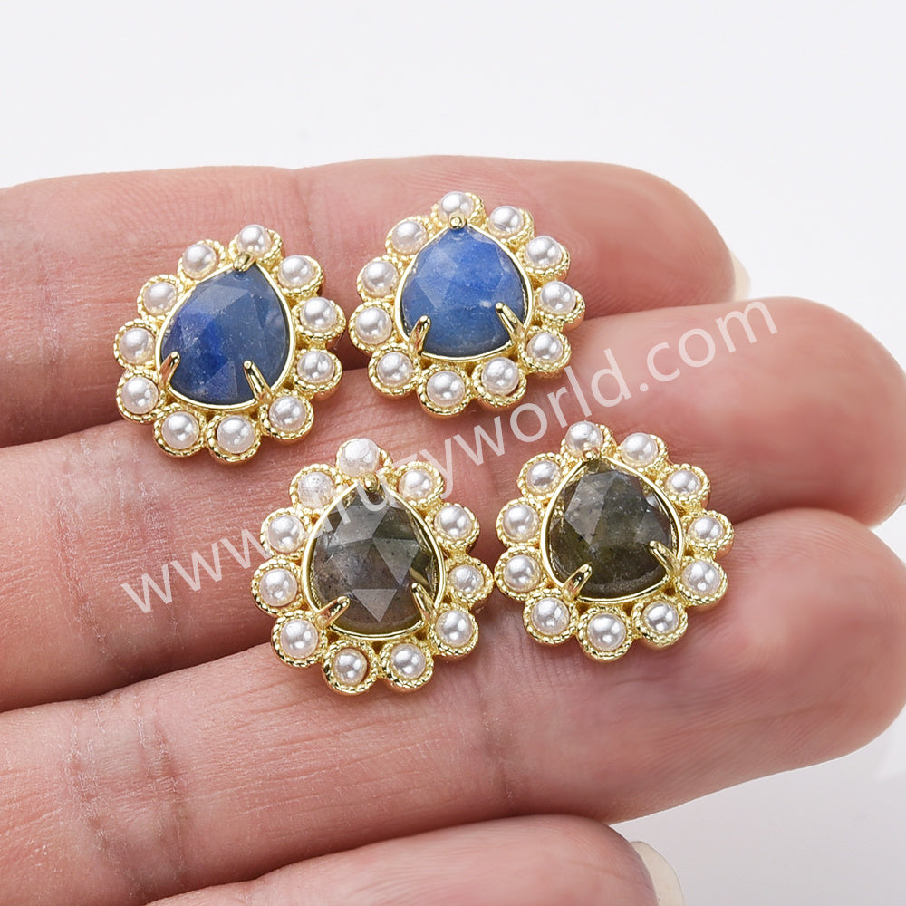 Gold Plated Claw Rainbow Natural Stones Faceted Pearl Teardrop Stud Earrings WX2244